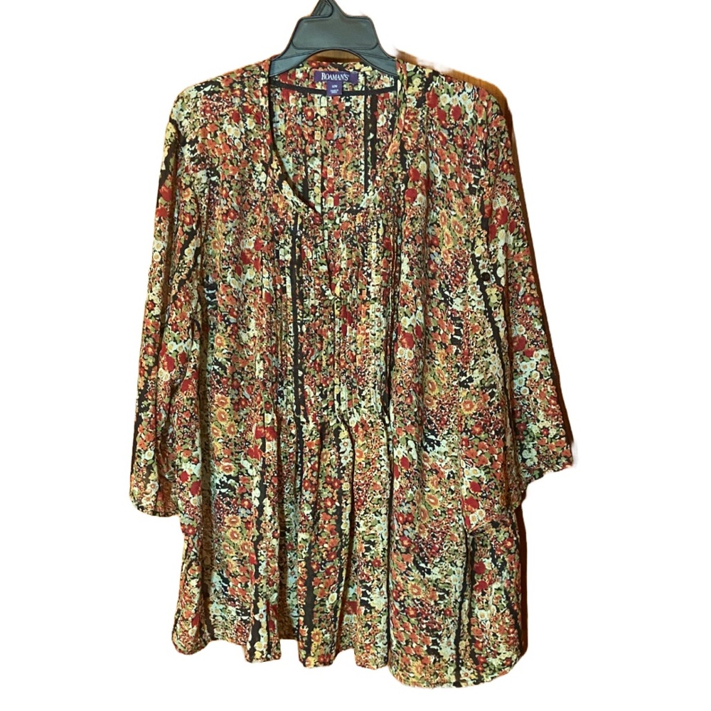 Romans Blouse Plus Size Red Black Brown Paisley Boho Work Office Sheer Pleated